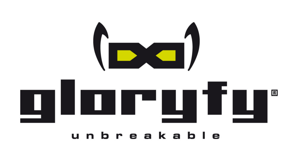 gloryfy Logo - Bild mit Sonnenbrille und Schriftzug gloryfy unbreakable